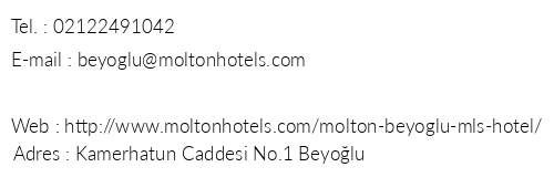 Molton Beyolu Mls Hotel telefon numaralar, faks, e-mail, posta adresi ve iletiim bilgileri